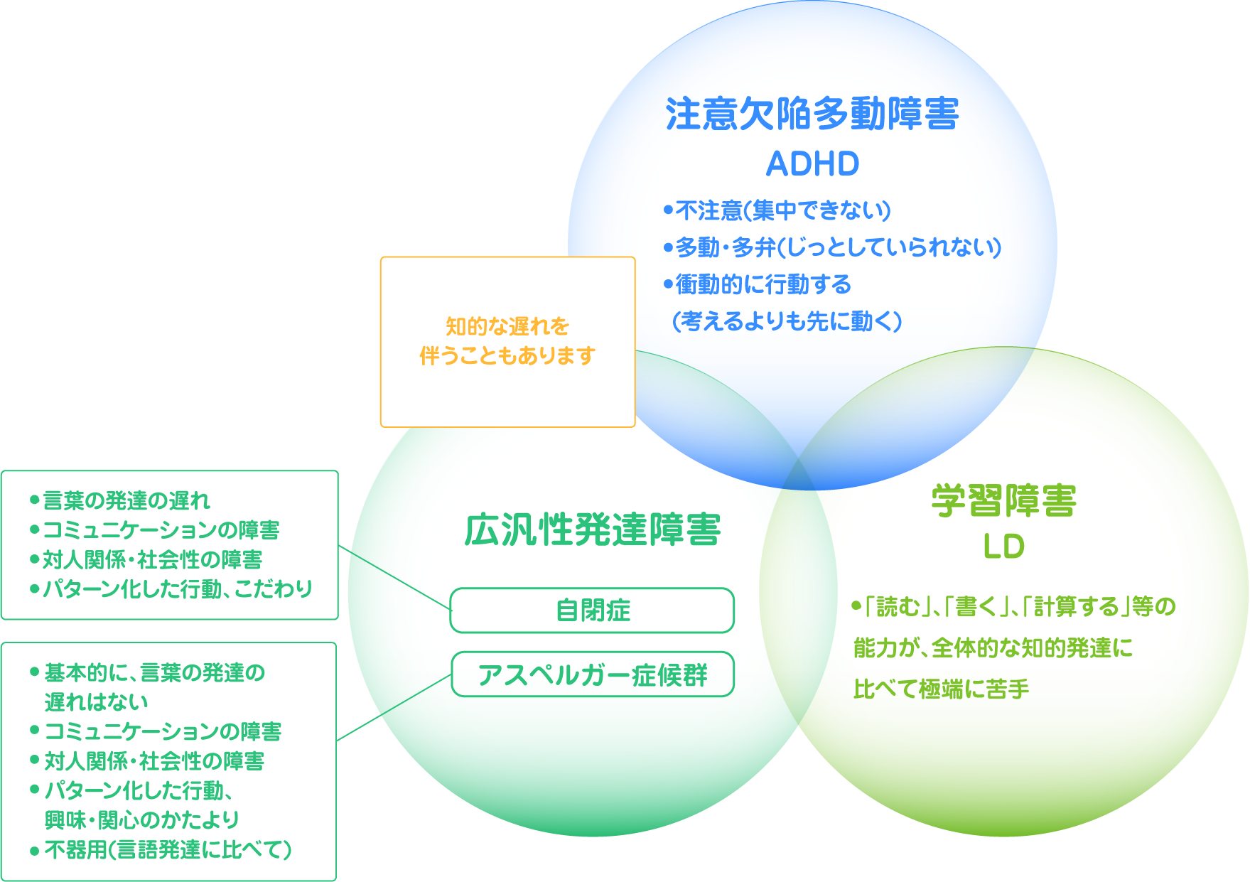 注意欠陥多動症外, 広汎性発達障害, 学習障害について